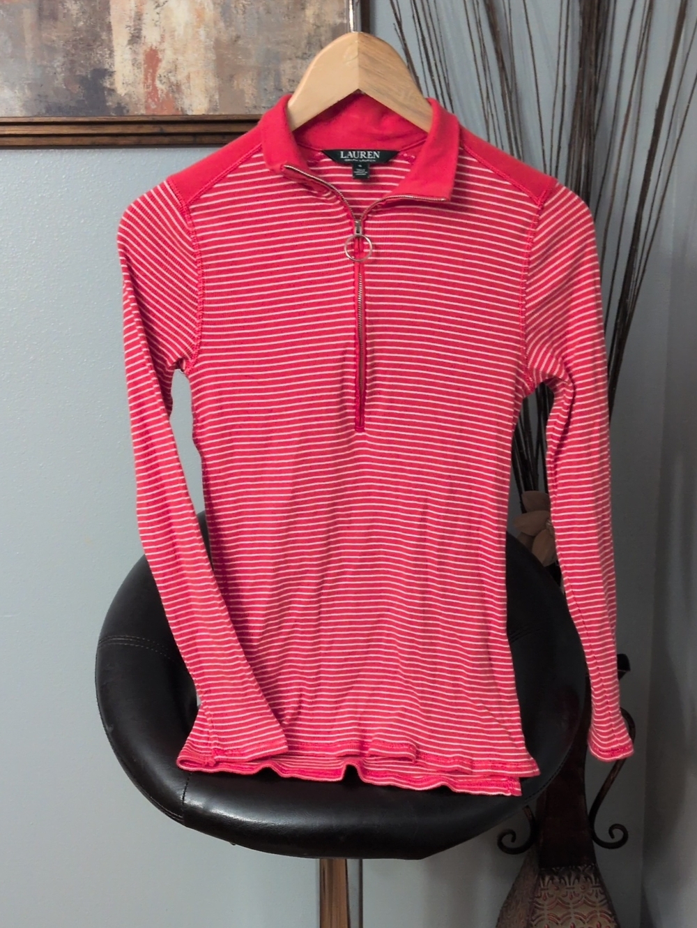 Ralph Lauren Coral and White Striped Zip-Front Long Sleeve Top 100% Cotton